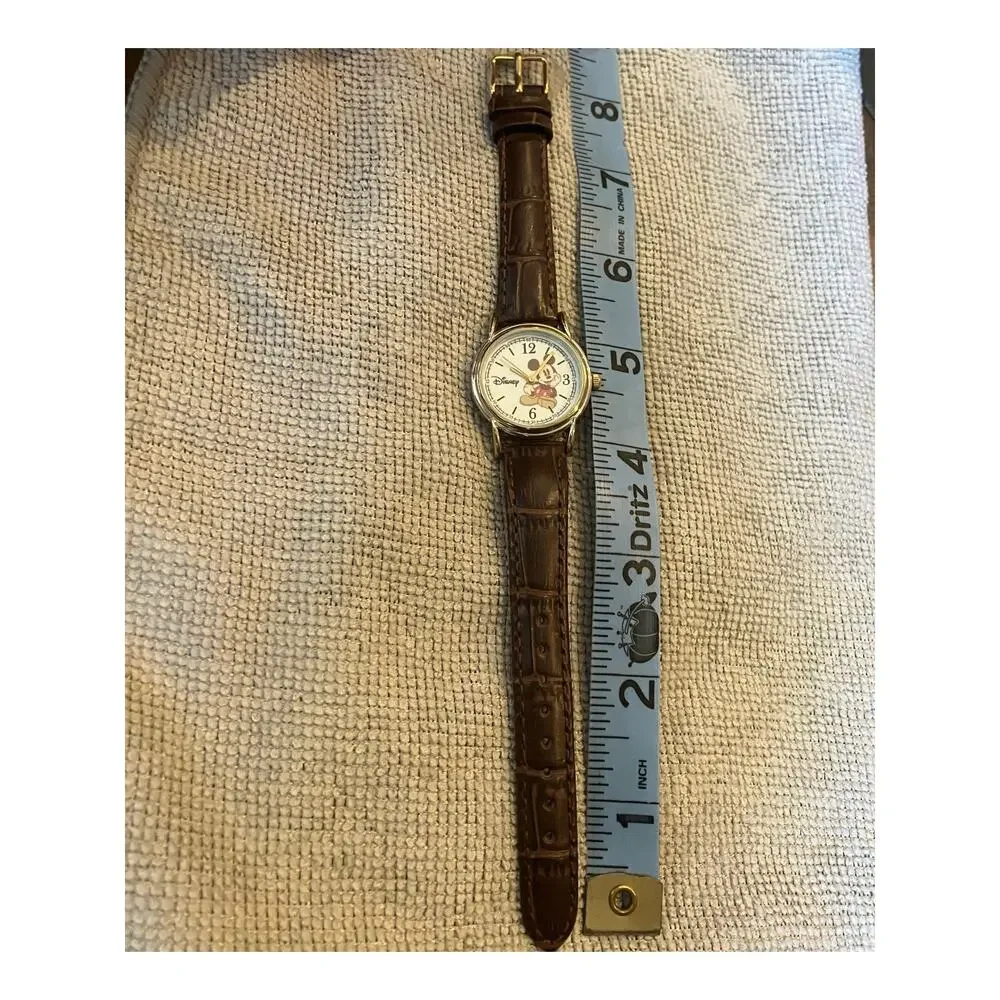 Mickey Mouse Watch, Disney, Analog, Silver Tone, Brown Leather Band, New w/o Tag